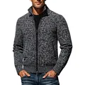 Detalle de cárdigan jaspeado para hombre con cremallera y cuello alto de punto - M / Tops / Gris oscuro