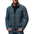 Vue détaillée d'un cardigan en tricot bleu-gris pour hommes avec col montant et zip - Gris Bleu