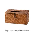Handwoven brown straw tissue box holder with vintage toggle closure, 21x12x9cm size - Simple Style / 21x12x9cm / Coffee