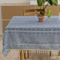 Vintage blue cotton linen tablecloth with white embroidery and fringe trim - Yingyue Stripe Series / 60*60cm / Blue