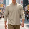 Felpa casual da uomo beige con mezza zip e trama a nido d'ape pesante di qualità. - Kaki