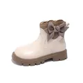 Bottines en cuir beige pour filles avec nœud pied-de-poule marron et col en tricot - Taille 26 / Blanc