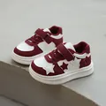 Children's sports board shoes in maroon and white with star patches and velcro strap - Size 26 (Inner Length 16cm) / Red (WX906)