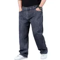 Close-up of men's loose fit straight leg plus size denim jeans in dark grey. - 29 / Bottoms / Blue Gray