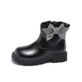 Bottines élégantes en cuir noir pour filles avec un nœud à motif pied-de-poule pour l'hiver - Taille 26 (Longueur Intérieure 16,4 cm) / Noir