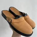 Stylish men's casual camel tan clogs featuring platform sole and buckle strap detail - 38 / Khaki