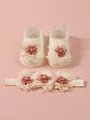 Elegante conjunto de calcetines de malla y diadema floral para recién nacidos en rosa - S (0-1 Año) / Conjunto de Calcetines y Diadema (MT25026) / Beige