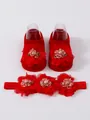 Conjunto festivo de calcetines de jacquard rojos y diadema con flores para bebés de 0 a 1 año - S (0-1 Año) / Conjunto de Calcetines y Diadema (MT25026) / Rojo