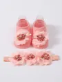 Elegante conjunto de calcetines y diadema rosa para bebé con flores de malla 3D - S (0-1 Año) / Conjunto de Calcetines y Diadema (MT25026) / Marfil