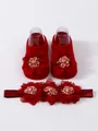 Conjunto de calcetines de suelo para bebé rojos y diadema con flores de tela 3D - S (0-1 Año) / Conjunto de Calcetines y Diadema (MT25026) / Burdeos