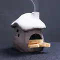 Cozy ceramic house incense burner for Palo Santo sticks with an elegant snowy roof design - Snow Roof Style (JCSMJ55-02) / Brown And White