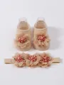 Set de calcetines y diadema para bebé color melocotón con delicadas flores de malla - S (0-1 Año) / Conjunto de Calcetines y Diadema (MT25026) / Caqui