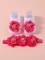 Conjunto de calcetines blancos para bebé y diadema con flores rosas - S (0-1 Año) / Conjunto de Calcetines y Diadema (MT25026) / Rosa rojo