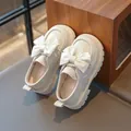 Elegant beige girls' princess loafers featuring a large white bow and comfortable thick sole - Size 26 (Inner Length 16cm) / Off White