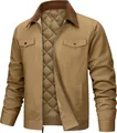 Detailed macro view of men's brown casual jacket showing corduroy collar and quilted lining - S / Tops / Khaki