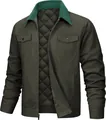 Close-up view of men's dark green cotton jacket featuring a green corduroy collar - S / Tops / Green