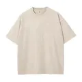 Close-up detail of a heavy 240g vintage washed beige cotton t-shirt with drop shoulders - S / Tops / Khaki