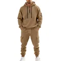 Detailed view of men's heavy khaki cargo hoodie and pants set for autumn winter - Camel