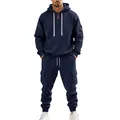 Full view of navy blue heavy fleece cargo tracksuit for men with functional pockets - M / Top And Bottom / Navy Blue