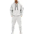 Full view of men's heavy white fleece hoodie and cargo pants with tactical pockets - M / Top And Bottom / White