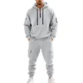 Full view of men's gray heavyweight fleece-lined techwear hoodie and cargo jogger set. - M / Top And Bottom / Light Gray