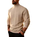 Elegant cream-colored men's turtleneck cable-knit sweater for autumn and winter warmth - Khaki