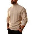 Men's fashion cream cable knit turtleneck sweater, warm winter knitwear variant. - Khaki
