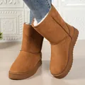 Detailed close-up of brown suede winter snow boots with warm white faux fur lining - 36 / Brown High-top