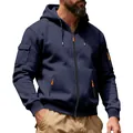 Detailed view of navy blue heavyweight fleece zip-up hoodie with orange accents - M / Tops / Navy Blue