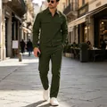 Close-up of a men's dark green corduroy two-piece casual set in an outdoor street setting - S / Top And Bottom / Army Green