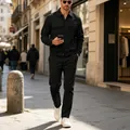 Lifestyle view of men's black corduroy casual set with multi-pocket jacket and pants - S / Top And Bottom / Black