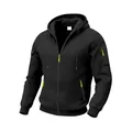 Vooraanzicht van een zware zwarte fleece hoodie met opvallende neongele ritsen - Zwart
