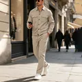Men's beige corduroy two-piece casual set featuring a multi-pocket jacket and matching pants - Khaki
