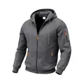 Gedetailleerd overzicht van een luxe grijze fleece hoodie met rits voor heren. - donkergrijs
