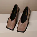 Elegant women's brown leather square toe loafers with thick black sole for casual wear - 35 / Coffee