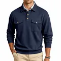 Detailed view of heavy navy blue long sleeve polo sweatshirt with double pockets - S / Tops / Navy Blue