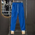 Men's heavyweight high-street loose blue cargo sweatpants with multi-pockets - S / Bottoms / Blue