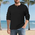 Classic men's black waffle-knit Henley shirt with long sleeves for a vintage look - S / Tops / Black
