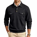 Detailed view of black men's long sleeve polo sweatshirt with dual chest pockets - S / Tops / Black