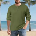 Men's olive green heavy jacquard texture Henley shirt with vintage buttons - Army Green