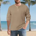 Premium khaki waffle knit long sleeve Henley shirt with button collar for autumn - Khaki