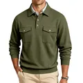 Heavyweight olive green long sleeve Polo shirt with functional dual chest pockets for men - S / Tops / Army Green