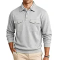 Premium men's grey long-sleeved heavy utilitarian polo shirt with double chest pockets - S / Tops / Light Gray