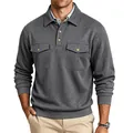 Men's heavy grey long-sleeve polo shirt with double pockets and utility lapel design. - S / Tops / Dark Gray