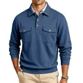 Heavyweight navy blue workwear style polo shirt with long sleeves and dual pockets. - S / Tops / Denim Blue