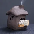 Handmade ceramic house incense burner for white sage and palo santo, brown cottage decor - Plain Brown Style (JCSMJ55-01) / Brown