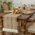Chemin de table bohème en jute tissé avec pompons pour une décoration de table rustique - MX104 (Torsion Complète - Glands à Franges) / 30*50cm / Beige