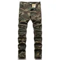 Men's slim fit camo biker jeans with distressed knee patchwork and pleated details - 28 / Bottoms / Camouflage Image Color