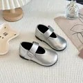 Shiny silver Mary Jane flat shoes for little girls featuring a comfortable soft sole and strap - Size 23 (Inner Length approx. 14.3cm) / Silver
