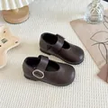 Classic dark brown girls' Mary Jane leather shoes with soft sole and buckle strap - Size 23 (Inner Length approx. 14.3cm) / Brown